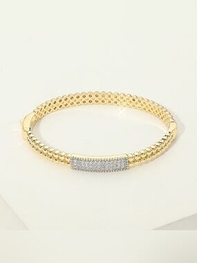 14K Gold Plated CZ Pave Bar Accent Beaded Hinged Bangle Bracelet